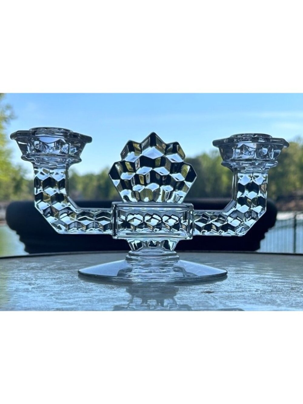 Vintage American Fostoria 2056 Elegant Glass Double Candle Holder Diamond Cubist